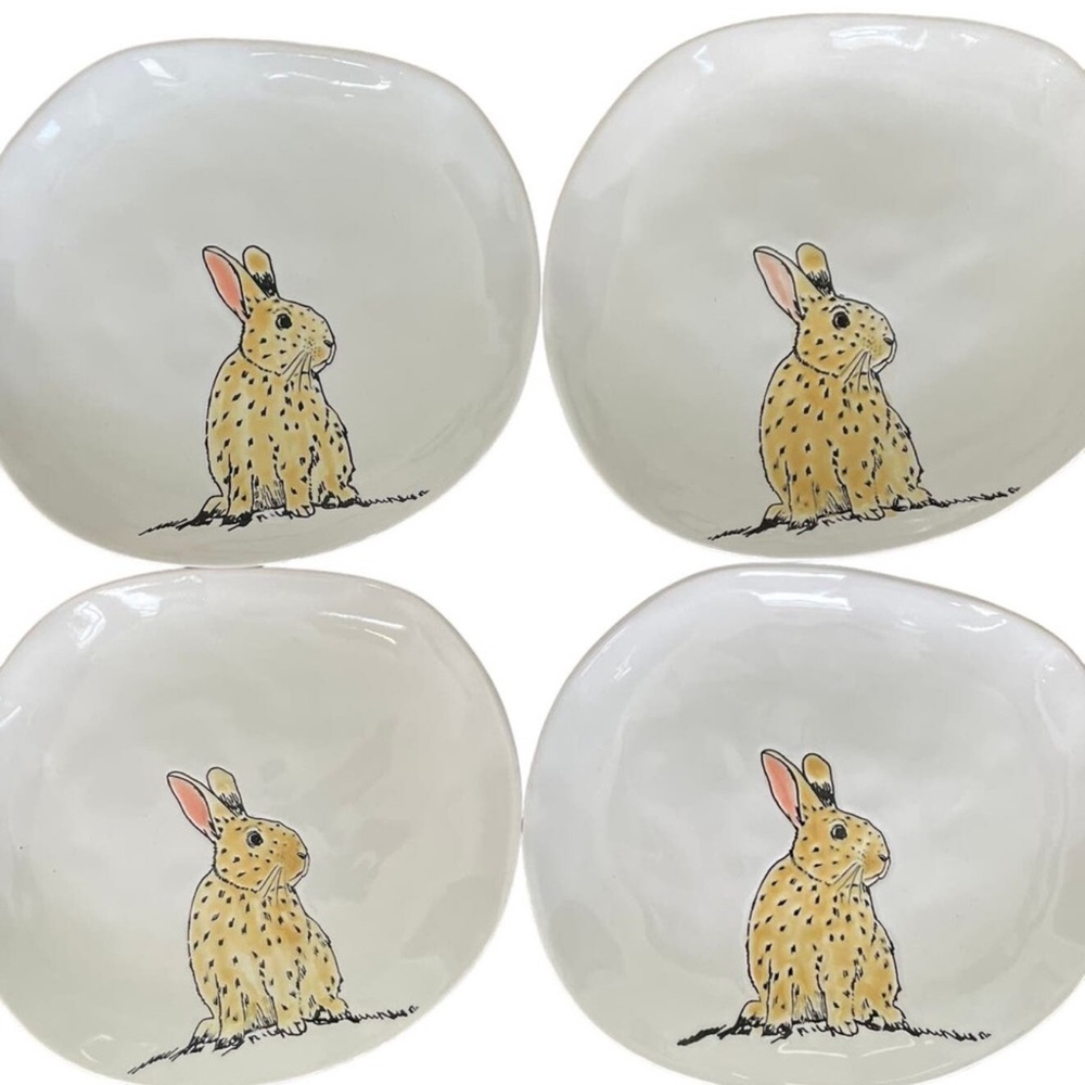 ELI & ANA Handmade Ceramics (4) White EASTER BUNNY RABBIT 8.5" SALAD PLATES NEW